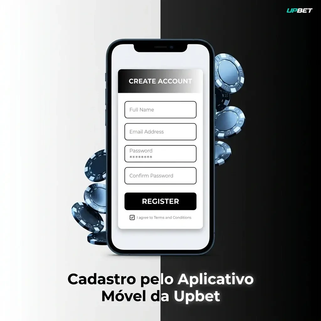 Cadastro no aplicativo móvel da Upbet com etapas de registro por e-mail, telefone ou login social